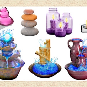 May include: A collection of decorative items for home decor, including a pink glass stack of stones, a stack of gray and orange stones, three purple glass jars with candles, a silver candle holder with a white candle, and three tabletop water fountains with blue water.