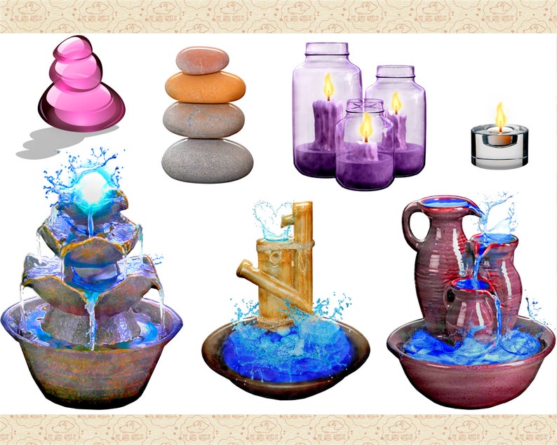 May include: A collection of decorative items for home decor, including a pink glass stack of stones, a stack of gray and orange stones, three purple glass jars with candles, a silver candle holder with a white candle, and three tabletop water fountains with blue water.