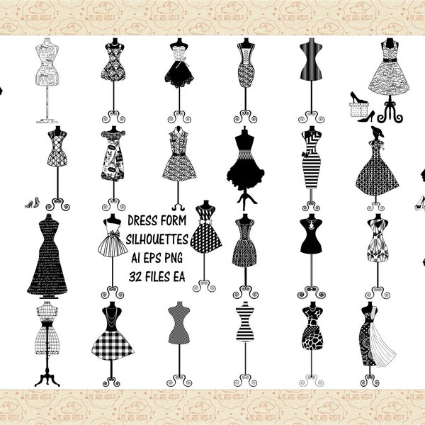 Dressed Form Silhouettes (& Shoes) AI EPS PnG ClipArt  (Not a SVG, Be Aware) Women Fashion Silhouettes, Tailor Graphics, Seamstress