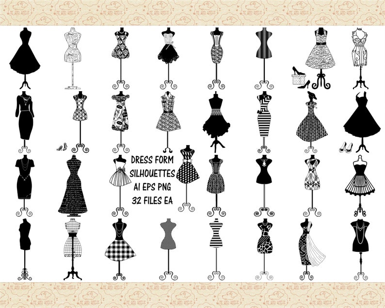 Op de afbeelding: Een verzameling van 32 jurkvormsilhouetten in zwart en wit. De jurken vari&euml;ren in stijl, van eenvoudig tot sierlijk, en worden gepresenteerd op decoratieve standaards. Tekst luidt: "DRESS FORM SILHOUETTES AI EPS PNG 32 FILES EA."