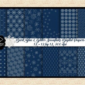 Papéis digitais de floco de neve azul escuro e glitter de Natal, cartões de Natal DIY, padrões de floco de neve, papéis brilhantes, fazenda de férias, CU OK