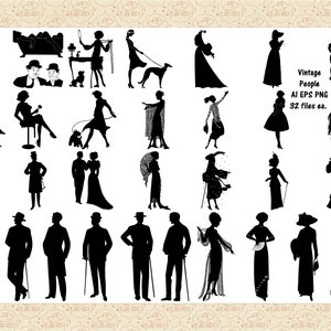 Vintage Männer & Frauen Silhouetten AI EPS (Nicht SvG) und PNG, Von Victorian bis Mid Century, Retro Menschen Silhouette ClipArt, Kommerziell 0K