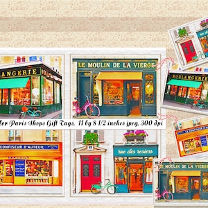 VENDA 99 CENTS Aquarela Paris Shops Folha de colagem de etiquetas para presentes, confecção de cartões-presente, cartões de agradecimento, aquarelas de lojas de Paris, OK comercial