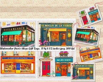 Etiquetas de regalo con acuarelas de tiendas parisinas, etiquetas imprimibles para cafés franceses (descarga digital, 11 x 8,5 pulgadas, JPEG)