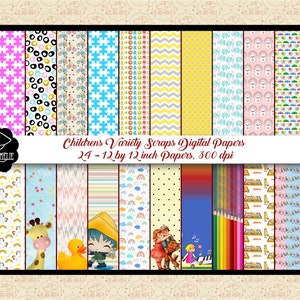 May include: A set of 24 digital papers featuring colorful patterns and illustrations for children. The papers are 12 inches by 12 inches and 300 dpi. The designs include rainbows, stars, animals, and musical notes.