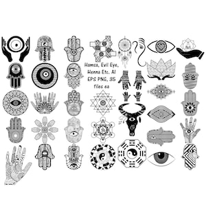 Hamsa, mauvais œil, dessins au henné - clipart AI EPS PNG - 35 fichiers (téléchargement numérique)