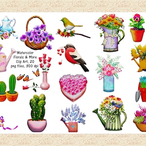 以下が含まれることがあります： 花柄の飾り、鳥、サボテン、ジョウロなど、水彩画のクリップアート画像20点セット。クラフト、スクラップブッキング、デジタルデザインプロジェクトに最適です。