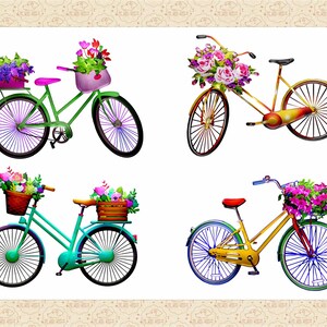 May include: Four bicycles with floral baskets. Each bicycle has a different color frame and a different floral arrangement in the basket. The bicycles are on a white background.