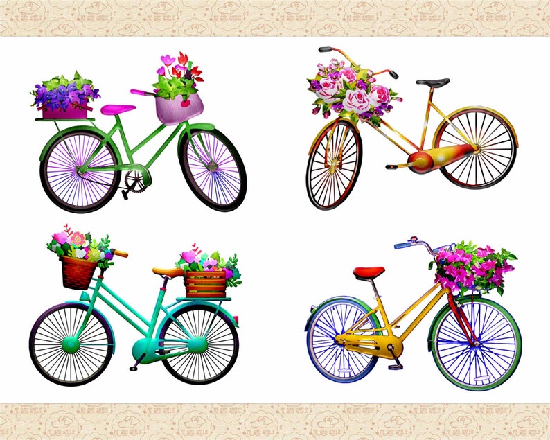 May include: Four bicycles with floral baskets. Each bicycle has a different color frame and a different floral arrangement in the basket. The bicycles are on a white background.
