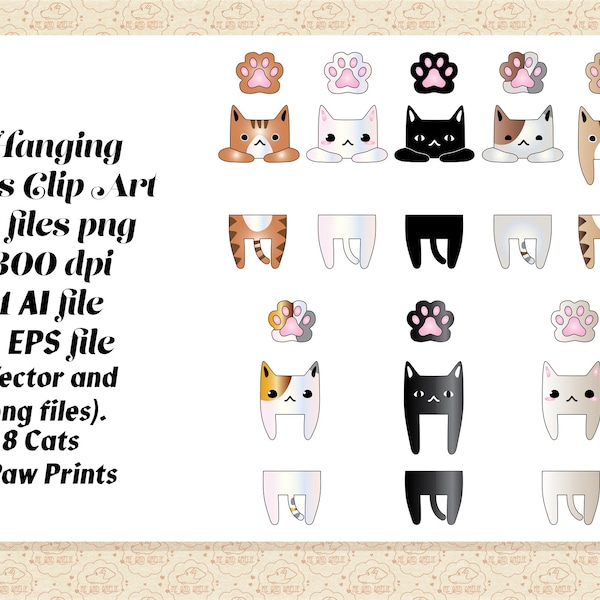 Hanging Cats Vector AI EPS (No SvG) & PNG, Cats Clip Art, Hanging Cats, Black Cat, Cat Paws Clip Art, Commercial 0K