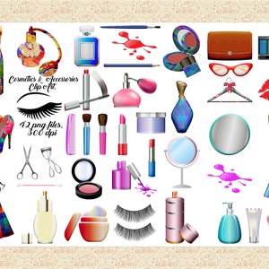Peut inclure: Une collection de 42 images clipart num&eacute;riques de cosm&eacute;tiques et d'accessoires. Les images comprennent une vari&eacute;t&eacute; d'articles tels que du rouge &agrave; l&egrave;vres, des ombres &agrave; paupi&egrave;res, des flacons de parfum, des cils, du vernis &agrave; ongles, et plus encore. Les images sont dans un style color&eacute; et vibrant.  Cosmetics & Accessories Clip Art.