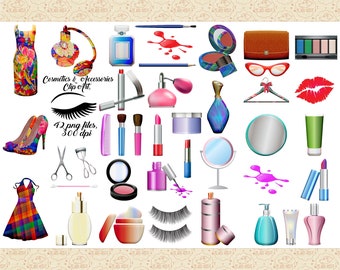 Puede incluir: Una colección de 42 imágenes de clip art digitales de cosméticos y accesorios. Las imágenes incluyen una variedad de artículos como lápiz labial, sombra de ojos, botellas de perfume, pestañas, esmalte de uñas y más. Las imágenes están en un estilo colorido y vibrante. Cosmetics & Accessories Clip Art.