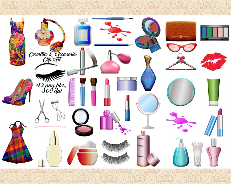 Peut inclure: Une collection de 42 images clipart num&eacute;riques de cosm&eacute;tiques et d'accessoires. Les images comprennent une vari&eacute;t&eacute; d'articles tels que du rouge &agrave; l&egrave;vres, des ombres &agrave; paupi&egrave;res, des flacons de parfum, des cils, du vernis &agrave; ongles, et plus encore. Les images sont dans un style color&eacute; et vibrant.  Cosmetics & Accessories Clip Art.