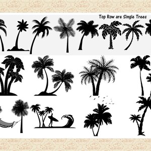 May include: A collection of black silhouette images of palm trees. The top row shows single palm trees, while the bottom row shows multiple palm trees in various arrangements, including a palm tree with a hammock and a palm tree with a surfer.