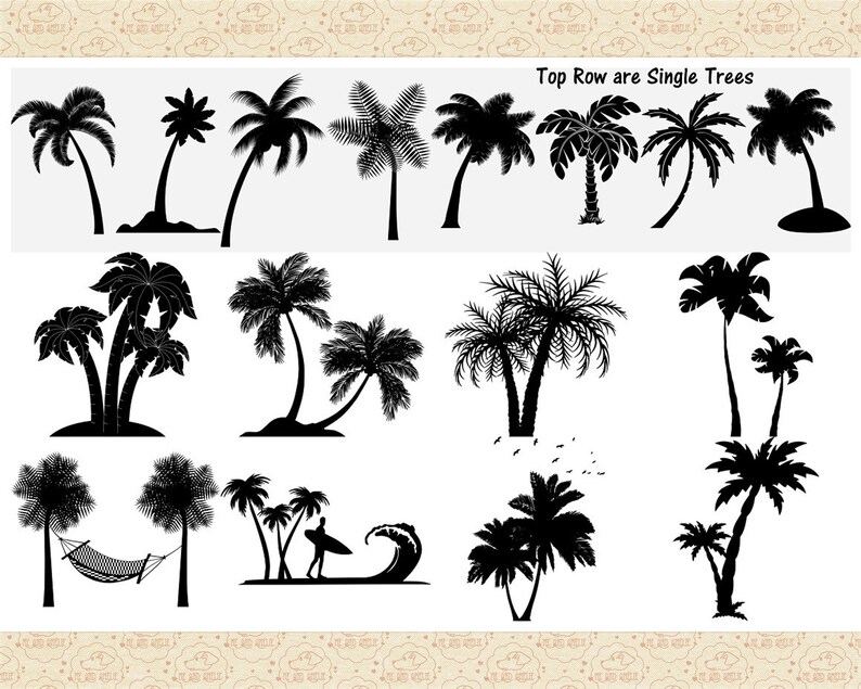 May include: A collection of black silhouette images of palm trees. The top row shows single palm trees, while the bottom row shows multiple palm trees in various arrangements, including a palm tree with a hammock and a palm tree with a surfer.