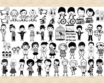 May include: A set of 50 black and white stick figure illustrations. The figures are in various poses and include people of different ages and genders. The illustrations are perfect for use in digital projects, crafts, and more.