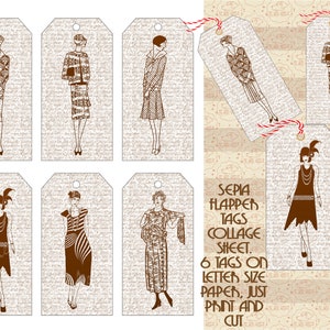 Folha de colagem de etiqueta de presente Flapper, confecção de cartão de presente Gatsby, 6 etiquetas em um papel tamanho carta, festa, impressão e corte, diários indesejados, comercial OK
