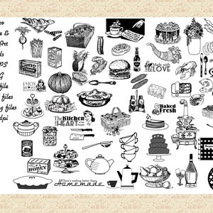 Cibo vintage e Line Art AI EPS (No SvG) e PNG, Annunci alimentari retrò, Frutta, Verdura, Pesce, ClipArt di vecchia stufa, CC0 dominio pubblico, commerciale 0K