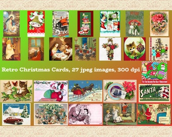 May include: A collection of 27 vintage Christmas cards with various illustrations. The cards feature religious scenes, Santa Claus, cats, and winter landscapes. Text includes "Merry Christmas", "Christmas Cheer", and "Santa is here".