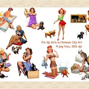 Retro Pin Up Girls with Animals ClipArt, Vintage Restored Pin Ups, Mid Century Modern Women, Vargas Girls, Retro Women Clip Art