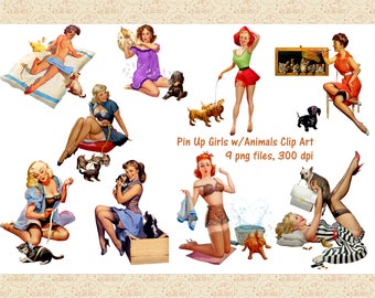 動物とレトロなピンナップガールのクリップアート、ヴィンテージの復元