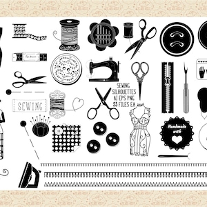 Sewing Silhouettes AI EPS (Not SVG) & PnG, Sewing Machine, Button ClipArt, Sewing Notions ClipArt, Stitches, Thread, Mannequin, Pins, Thread