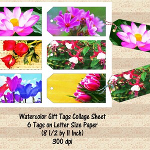 Folha de colagem de etiquetas para presentes florais em aquarela, confecção de cartões de presente, cartões de agradecimento, fúcsia, flor de lótus, café francês, OK comercial