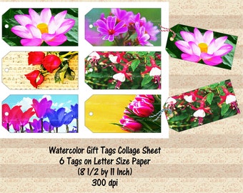 Hoja de collage de etiquetas de regalo florales en acuarela (descarga digital)
