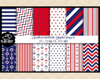 Nautical Patriotic Digital Paper Pack, Red White Blue (Digital Download)