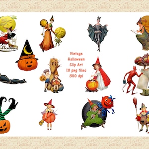 May include: A set of 13 vintage Halloween clip art images in PNG format. The images feature witches, pumpkins, devils, and other Halloween characters. The images are 300 dpi and are perfect for use in digital scrapbooking, card making, and other craft projects.
