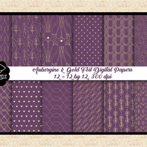 VENDA 99 CENTS, papéis digitais de berinjela e folha de ouro, berinjela e fundo dourado, tons violeta, papéis roxos, comercial OK