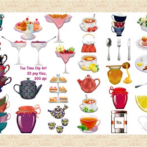Puede incluir: Una colección de 32 imágenes de clip art de la hora del té, que incluyen tazas de té, teteras, platillos, azucareros, tarros de miel, tarros de mermelada, rodajas de limón, sándwiches y una lata de té. Las imágenes son de estilo de dibujos animados y son perfectas para proyectos de manualidades, scrapbooking o diseño digital.