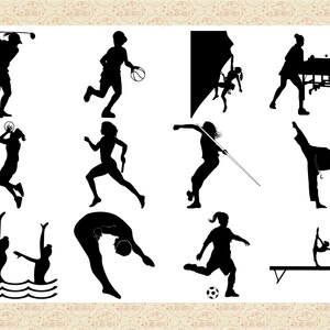 Pu&ograve; includere: Silhouettes di persone che praticano vari sport, tra cui golf, pallacanestro, arrampicata su roccia, tennis da tavolo, giavellotto, arti marziali, nuoto sincronizzato, ginnastica e calcio.