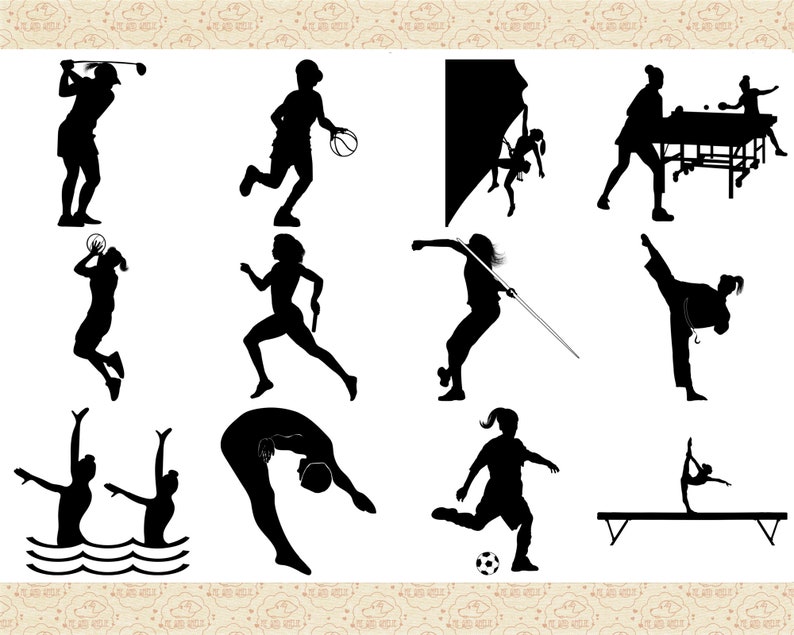 Pu&ograve; includere: Silhouettes di persone che praticano vari sport, tra cui golf, pallacanestro, arrampicata su roccia, tennis da tavolo, giavellotto, arti marziali, nuoto sincronizzato, ginnastica e calcio.