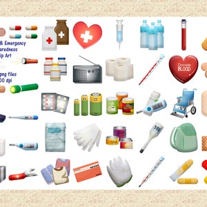 May include: A set of 44 digital clipart images featuring first aid and emergency preparedness supplies. The images include bandages, a flashlight, a radio, a thermometer, a first aid kit, a wheelchair, and more. The images are in a cartoon style and are perfect for creating educational materials, presentations, or website graphics.