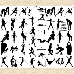 Pu&ograve; includere: Una collezione di 54 immagini in silhouette in bianco e nero di donne che partecipano a varie attivit&agrave; sportive e di fitness. Le immagini includono attivit&agrave; come il nuoto, la corsa, la bicicletta, lo yoga, la ginnastica e altro ancora.