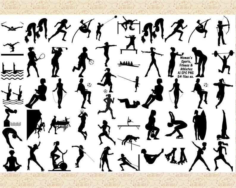 Pu&ograve; includere: Una collezione di 54 immagini in silhouette in bianco e nero di donne che partecipano a varie attivit&agrave; sportive e di fitness. Le immagini includono attivit&agrave; come il nuoto, la corsa, la bicicletta, lo yoga, la ginnastica e altro ancora.