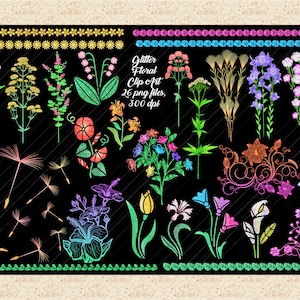 セール 99 セント キラキラ花柄要素クリップ アート、長い茎の花、花のボーダー クリップ アート、キラキラ花クリップ アート、キラキラタンポポ