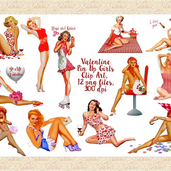 Valentine Retro Pin Up Girls ClipArt, Vintage Restored Pin Ups, Mid Century Modern Women, Vargas Girls, Retro Women Clip Art, Valentines