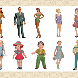 May include: A set of paper dolls featuring a variety of characters, including a woman in a swimsuit, a man in a suit, a girl in a dress, and a boy in overalls. The dolls are all dressed in vintage clothing and have a whimsical, retro style.