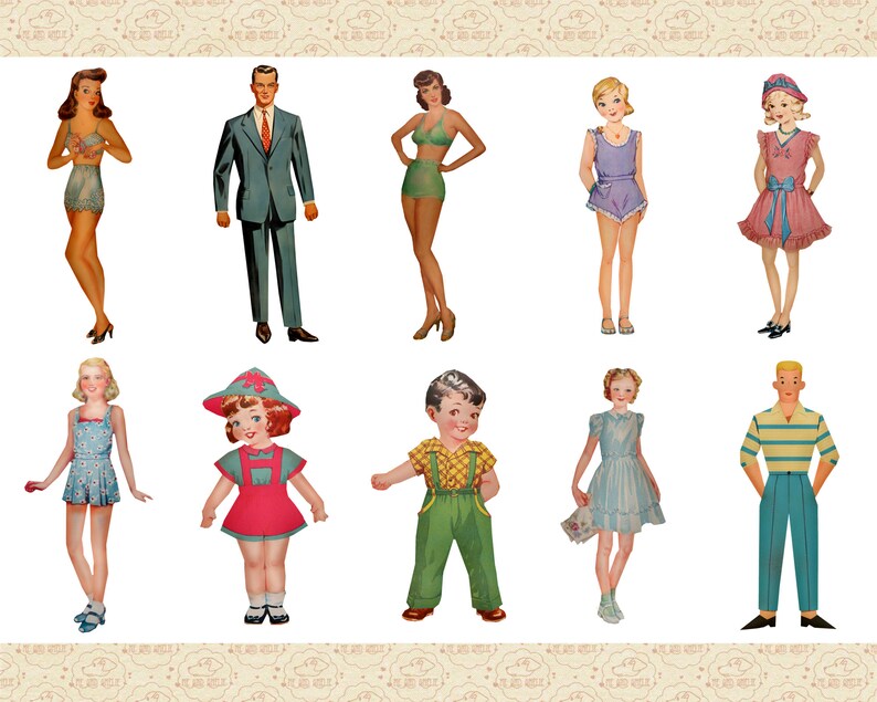 May include: A set of paper dolls featuring a variety of characters, including a woman in a swimsuit, a man in a suit, a girl in a dress, and a boy in overalls. The dolls are all dressed in vintage clothing and have a whimsical, retro style.