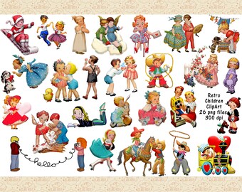 ClipArt retro kinderen, jongens en meisjes uit het midden van de eeuw (PNG-bestanden)