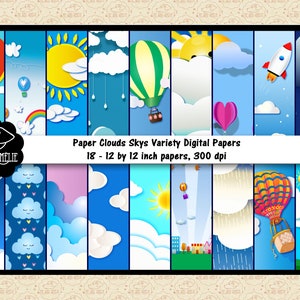 Paper Clouds Sky Digital Paper, Children's Paper, Cartoon Sky Papers, Sun Digital Paper, Hot Air Balloon, Landscape Papers, Commercial OK