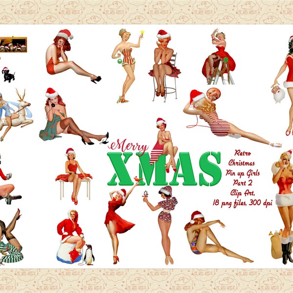 Christmas Retro Pin Up Girls ClipArt, Vintage Restored Pin Ups, Mid Century Modern Women, Vargas Girls, Retro Women Clip Art, Retro Holiday