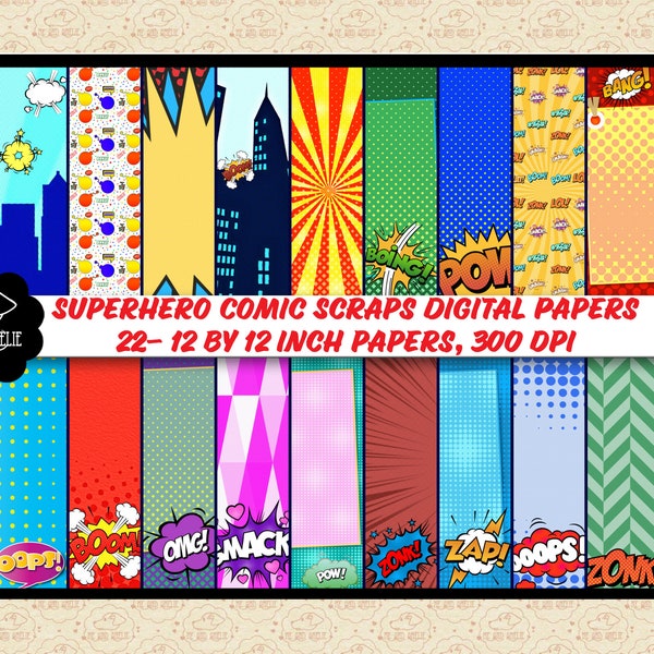 Comic Superhero Part 2 Digital Papers, Halftone Papers, Superhero Word Papers, Hero City Digital Paper, Onomatopoeia  Commercial OK