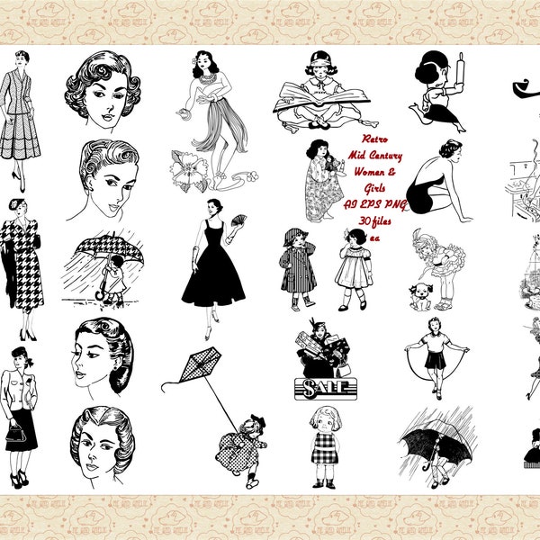 Retro Mid Century Women and Girls AI EPS (Vector) & PNG (No SvG Files) Retro People, 1950s, 1940s, Vintage Ads, Retro Line Art