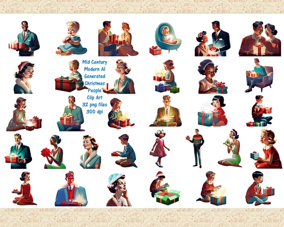Mid-Century Christmas People Clipart, AI-Generated PNG Files