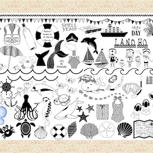 May include: Black and white nautical themed clip art illustrations.  The illustrations include a lighthouse, a life preserver, a mermaid tail, a seashell, a whale, a crab, a seahorse, a turtle, a starfish, a ship, a sailboat, a compass, an anchor, a diving mask, a snorkel, a map, a bottle, a seashell, a life preserver, and a flag. The text "Shell Yeah!" and "Seas Day Land Ho!" are included in the image.
