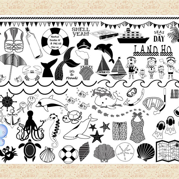 Nautical Doodles AI Vector (Not SVG) & PNG Files, Fish, Mermaid Tale, Whale, Dolphin, Swimsuits, Bubbles, Anchor, Ships, Pirates, Sea Life