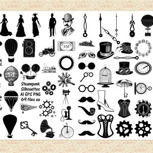 Steampunk Silhouettes AI EPS (No SvG) & PnG, Steampunk ClipArt, Hot Air Balloons ClipArt, Industrial Revolution, Gears, Keys, Commercial 0K